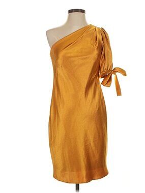 Aidan Mattox One Shoulder Satin Cocktail Dress Gold Marigold Sz 6 Puff Sleeve